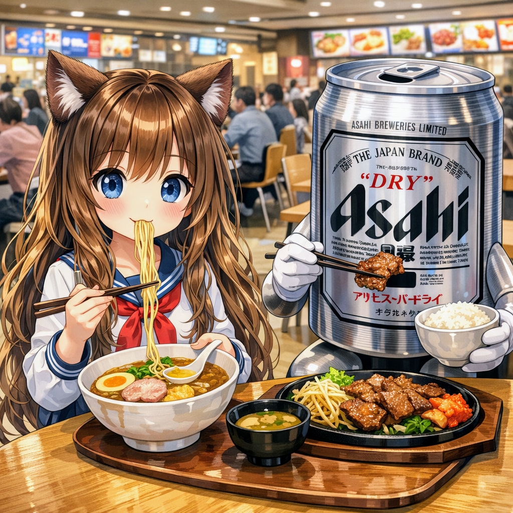 フードコートでご飯を食べる小さな女の子
