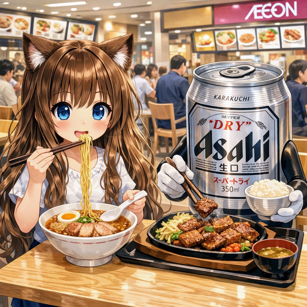 フードコートでご飯を食べる小さな女の子