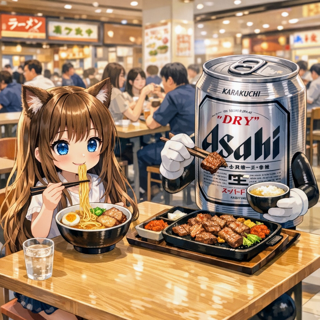 フードコートでご飯を食べる小さな女の子
