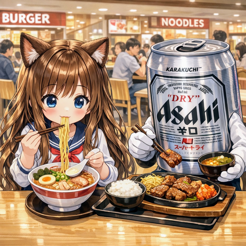 フードコートでご飯を食べる小さな女の子 | の人気AIイラスト・グラビア