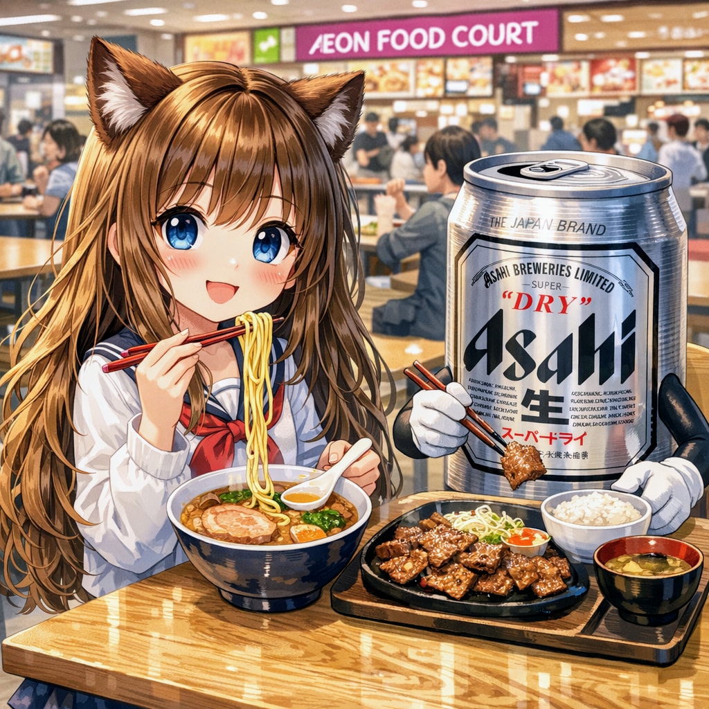 フードコートでご飯を食べる小さな女の子