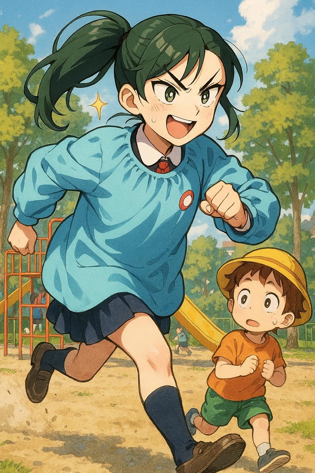 憧れの自分用園児服が完成した勢いと神への感謝でブレザーの上から装備して野を駆け巡る女子 | の人気AIイラスト・グラビア