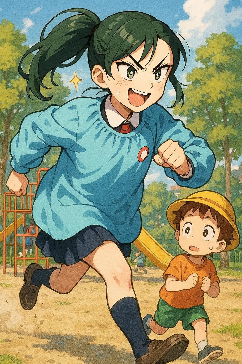 憧れの自分用園児服が完成した勢いと神への感謝でブレザーの上から装備して野を駆け巡る女子