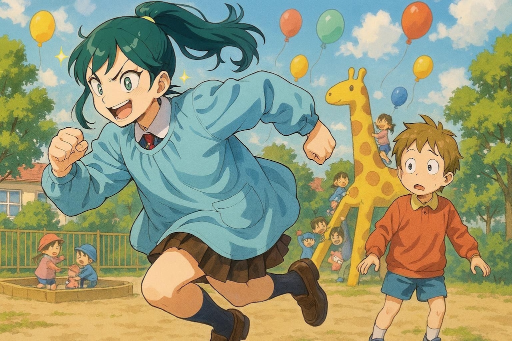 憧れの自分用園児服が完成した勢いと神への感謝でブレザーの上から装備して野を駆け巡る女子