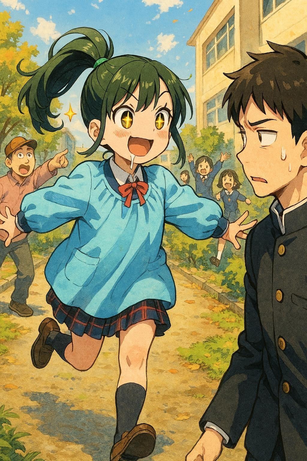 憧れの自分用園児服が完成した勢いと神への感謝でブレザーの上から装備して野を駆け巡る女子