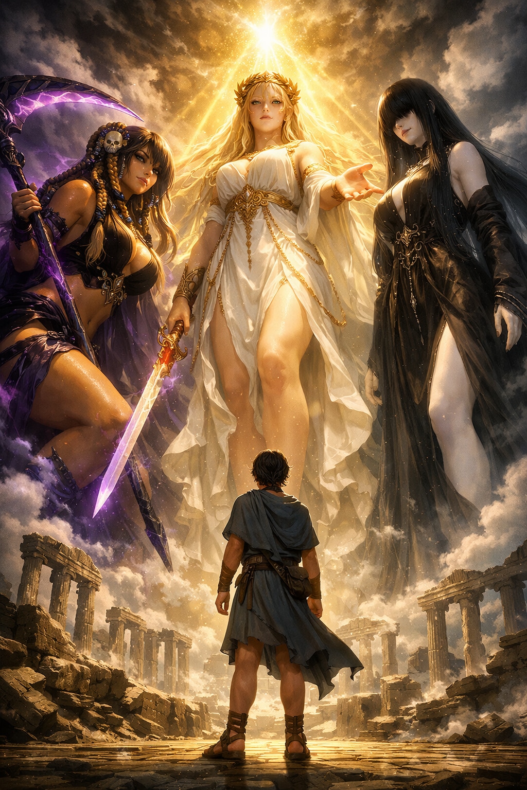 【三つの光の前に立つ者――美と愛の女神エウロメリア、死の女神ネクロリア、夢の女神ソムニア】