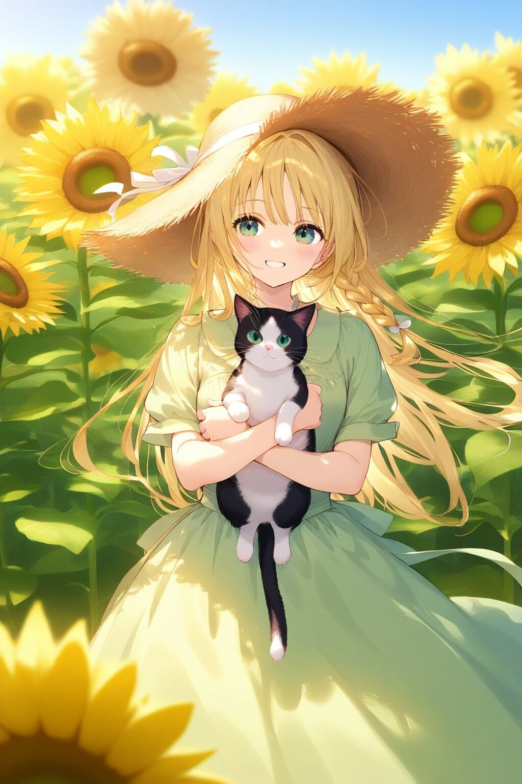 ひまわり畑の美少女とハチワレ | の人気AIイラスト・グラビア