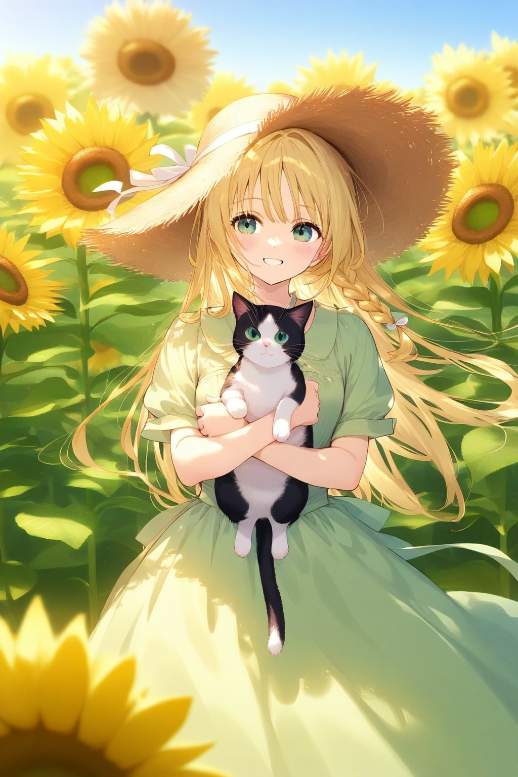 ひまわり畑の美少女とハチワレ