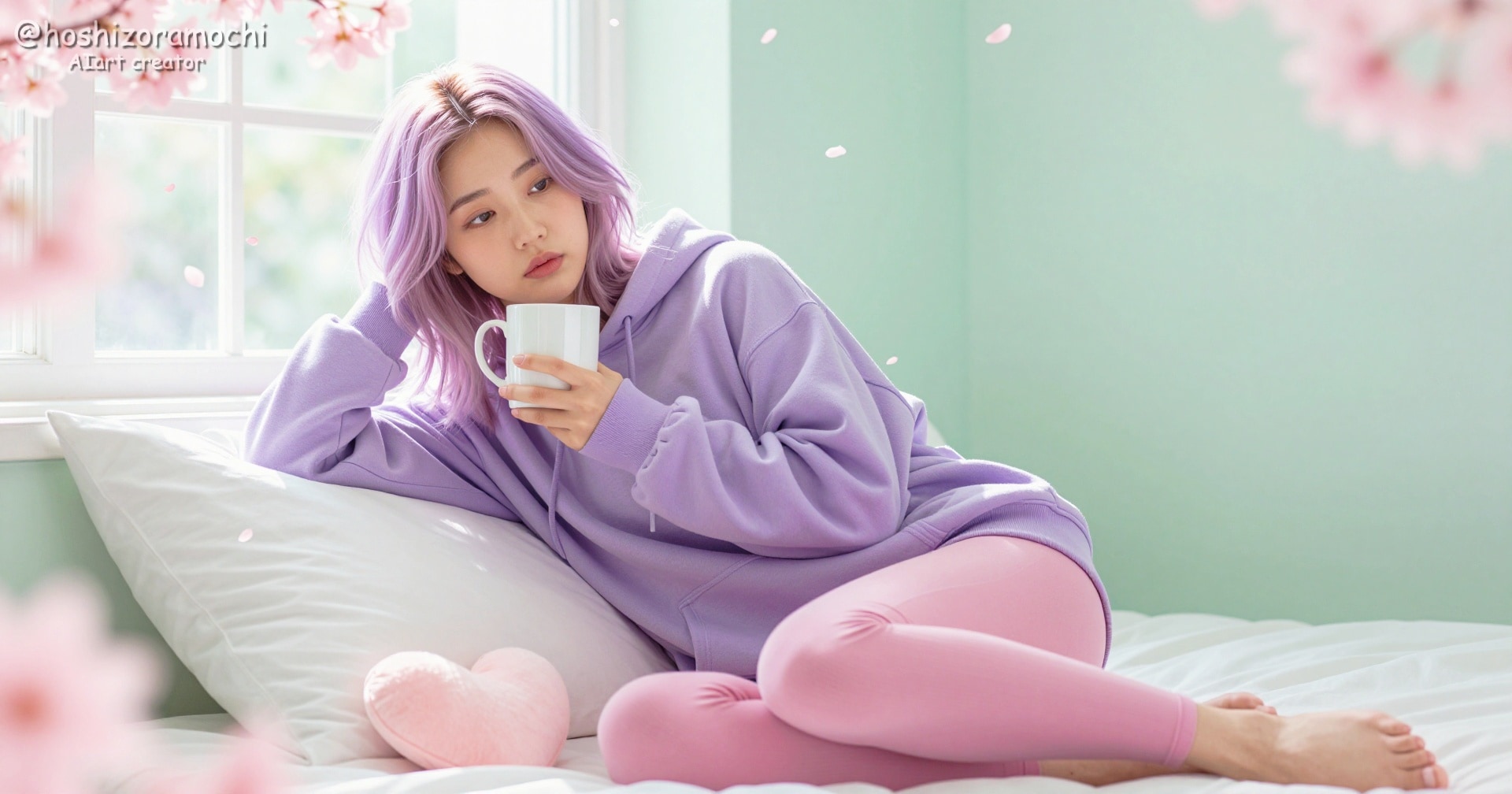 【ラベンダー・メランコリー】窓辺に舞う桜と、パープルヘアの彼女。マグカップを手にまどろむ春のパステル・アンニュイファンタジー