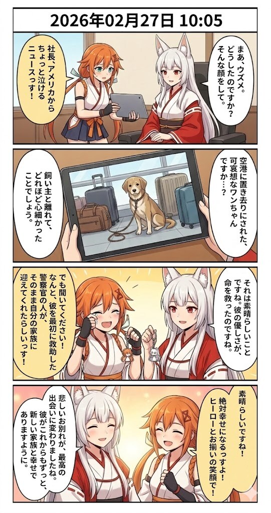 空港で置き去りにされた犬、救助した警察官の「永遠の家族」へ　毎日漫画10時