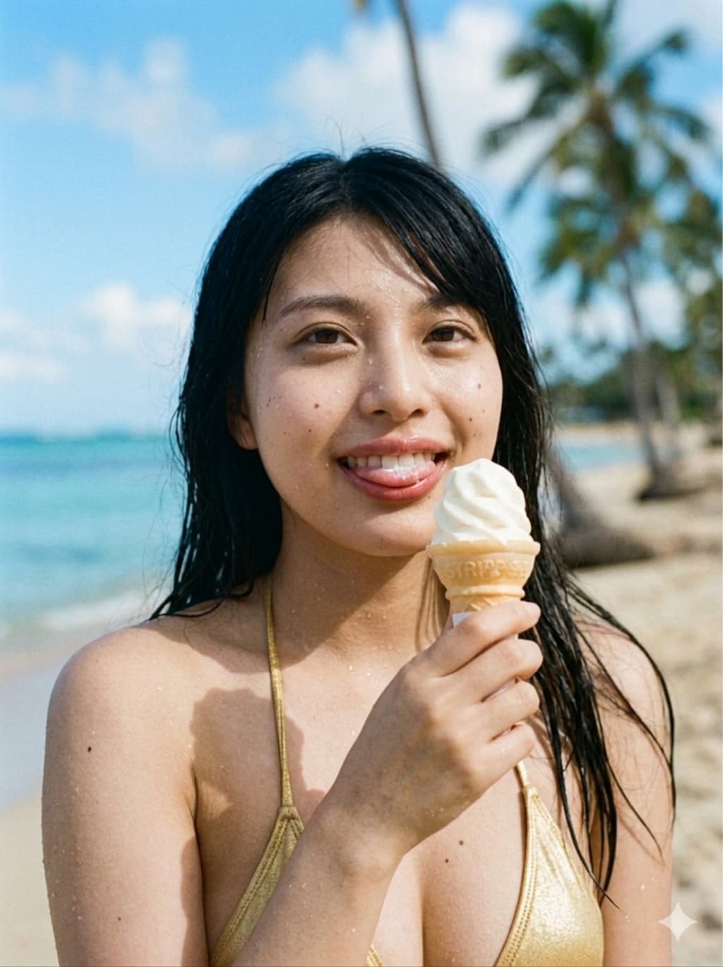 浜辺でソフトクリーム2