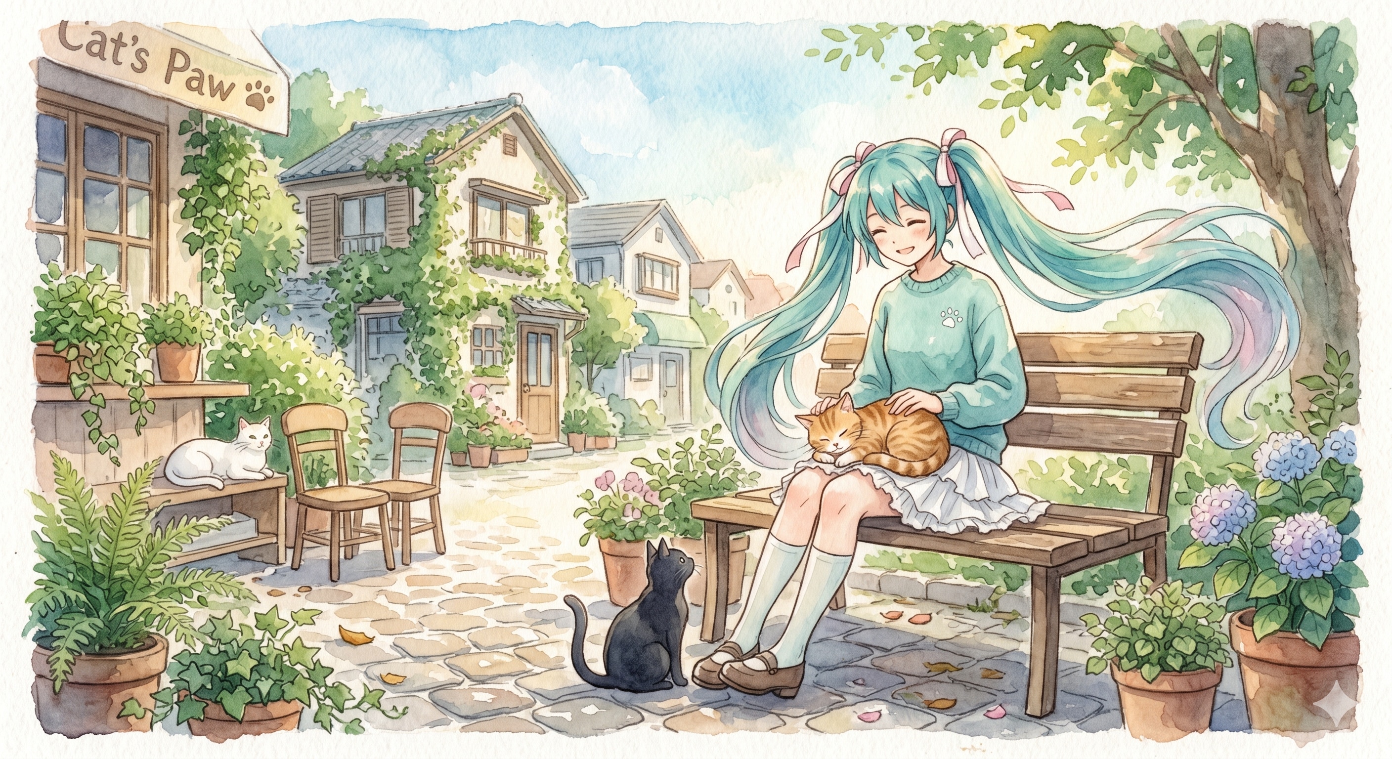 水彩画ミクさん　猫たちと木漏れ日の穏やかな午後 | の人気AIイラスト・グラビア