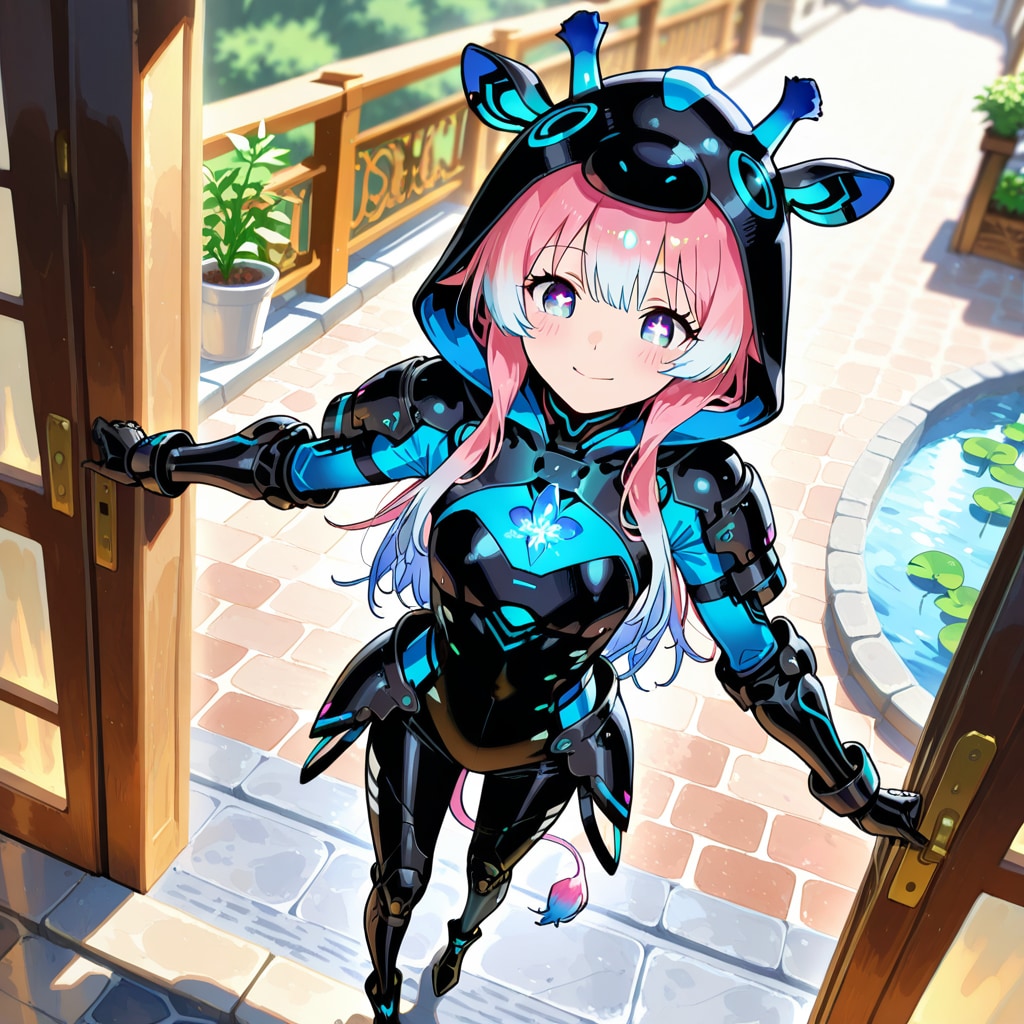 池のあるお庭を歩くサイバーアニマル着ぐるみちび子ちゃん