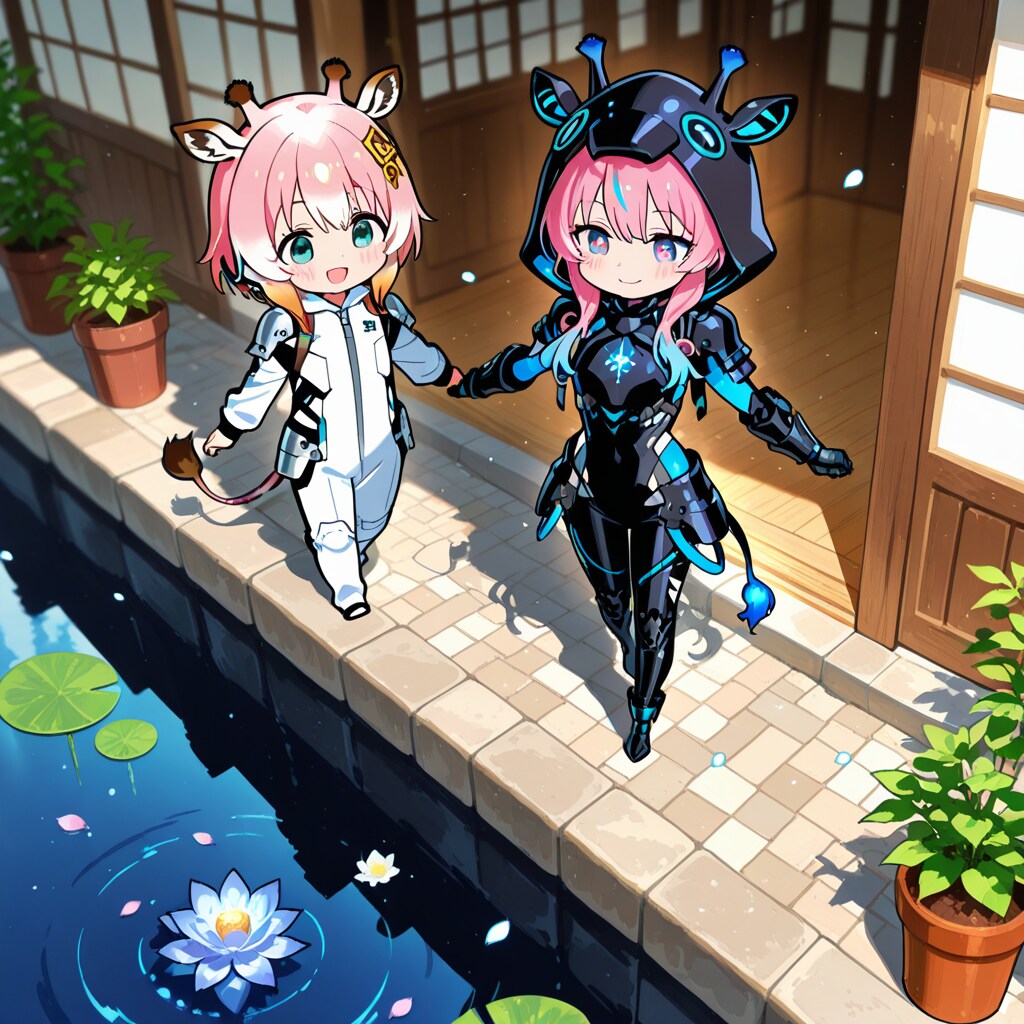 池のあるお庭を歩くサイバーアニマル着ぐるみちび子ちゃん | の人気AIイラスト・グラビア