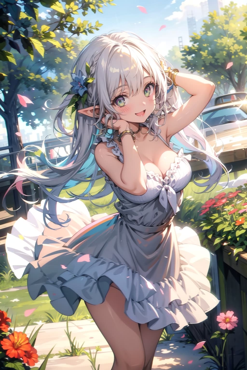 庭園にいるエルフ娘