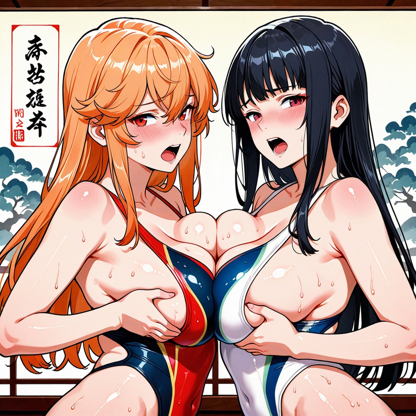 和のテイストで「パイ合わせ」消滅寸前💦・・百合っ娘💕なハイレグ女戦闘員ちゃん達😍💕