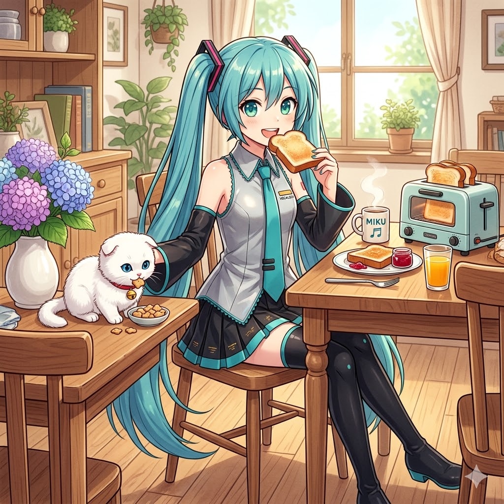 ねこたんと朝食するミクさん
