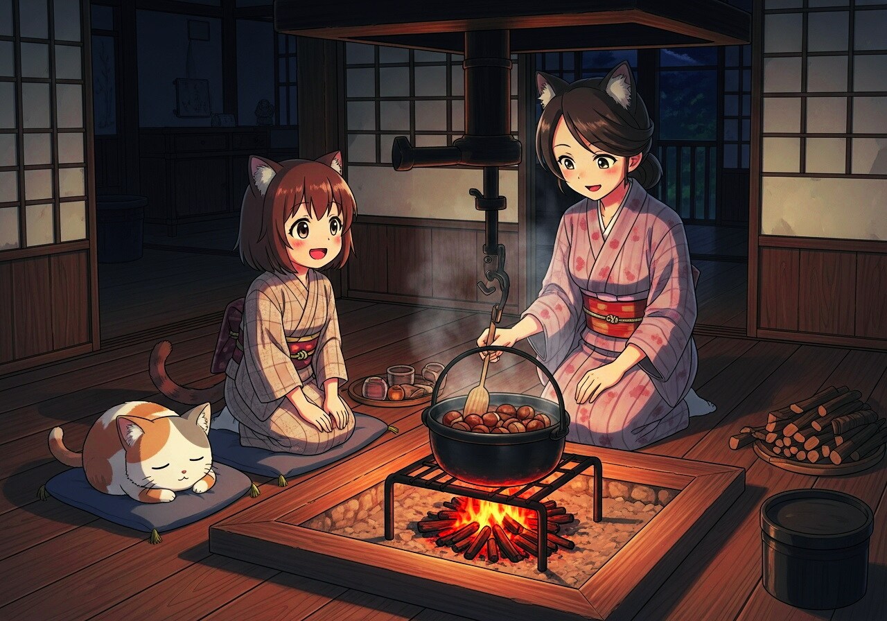栗の実煮てる囲炉裏端 | の人気AIイラスト・グラビア