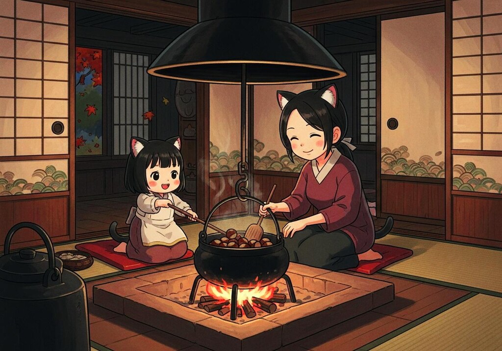 栗の実煮てる囲炉裏端