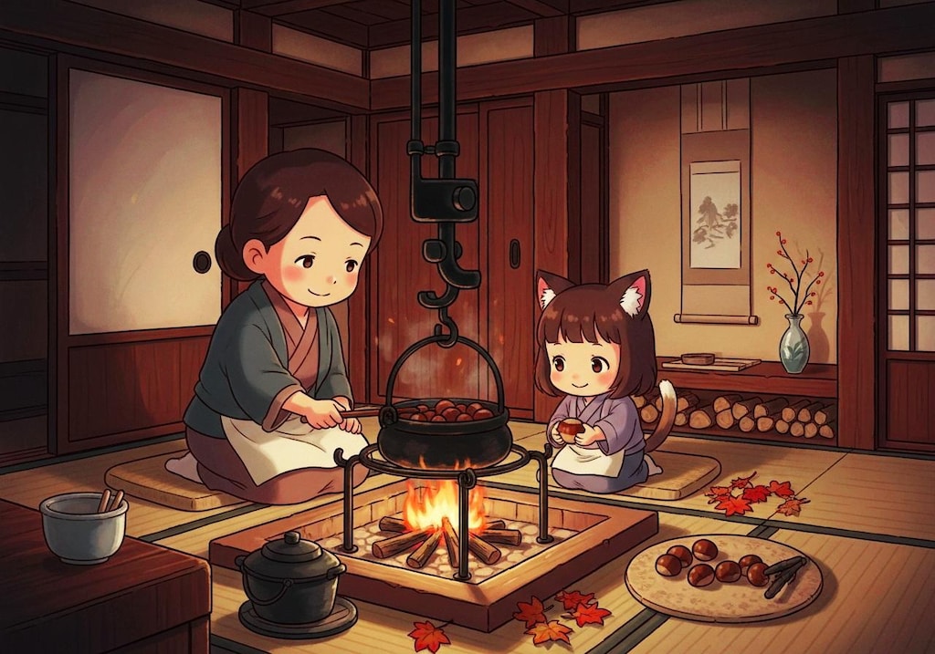 栗の実煮てる囲炉裏端