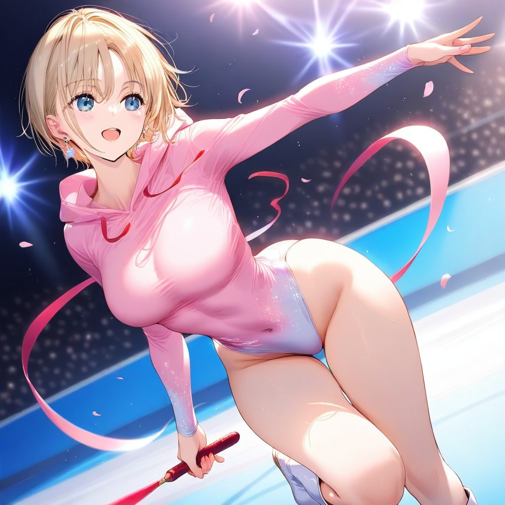 桜の下でパーカー長袖ハイレグレオタード姿の金髪ショート新体操美少女