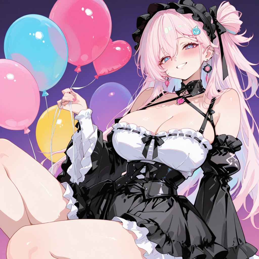 いっぱい色とりどりの風船を持つピンク髪ロングのゴスロリ衣装着た美少女