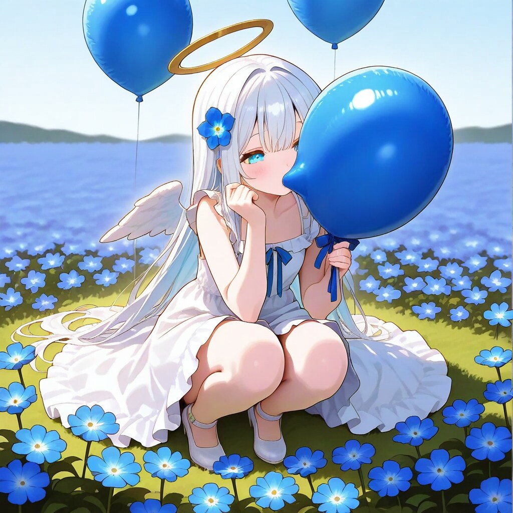 ネモフィラ咲くお花畑で青い風船を膨らませて遊ぶ白い髪ロングの天使