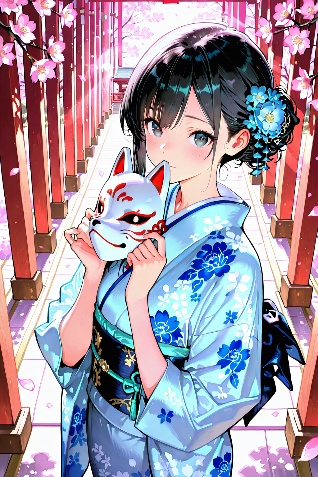 桜と狐面