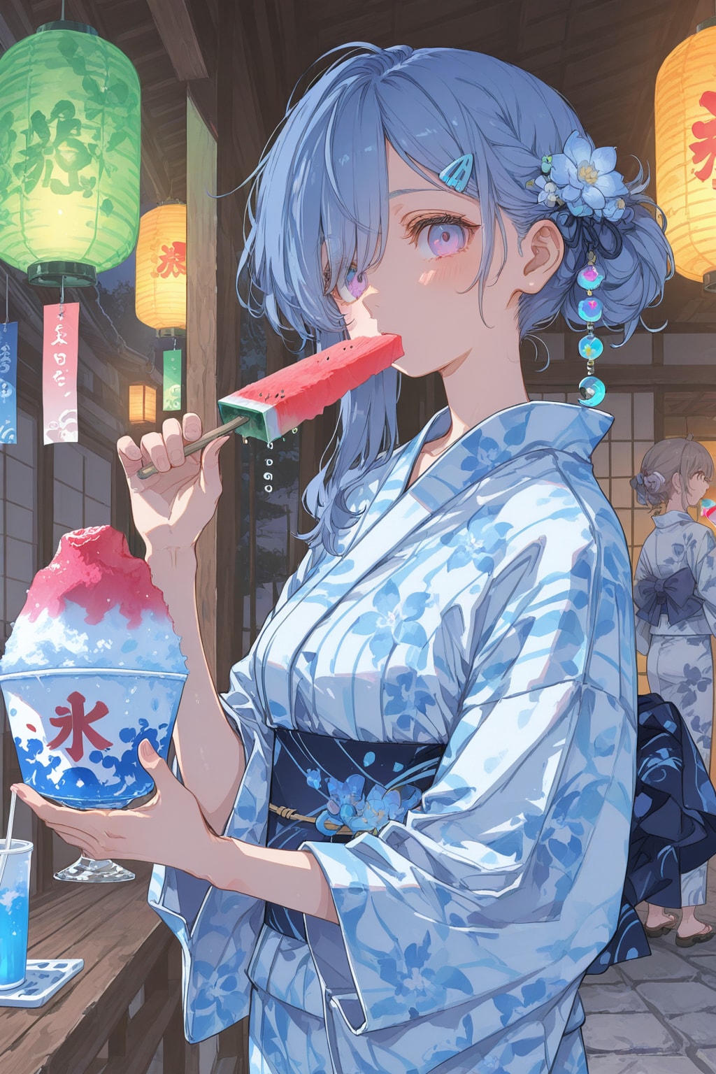 涼、浴衣、かき氷、スイカ、風鈴、涼