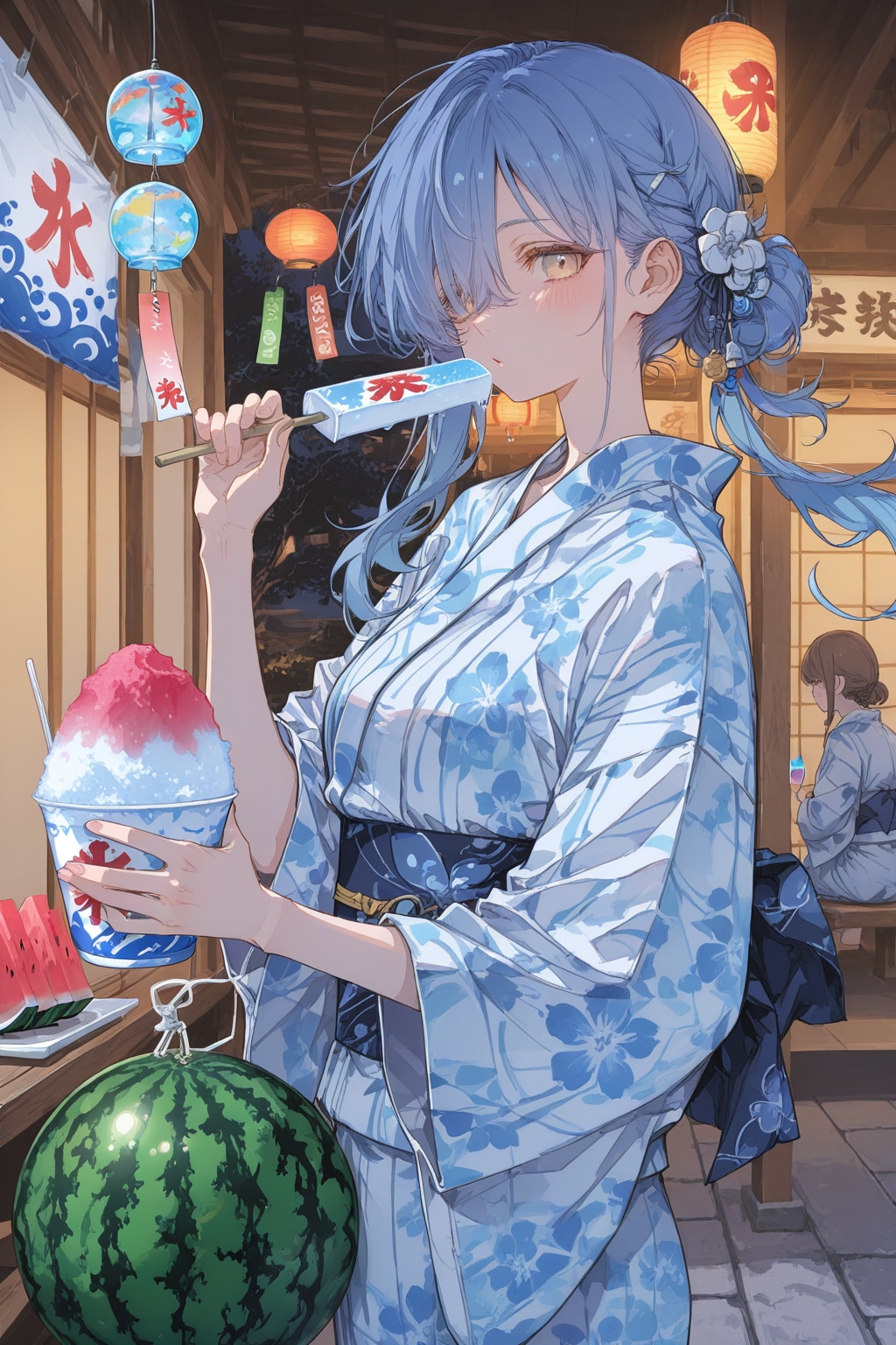 涼、浴衣、かき氷、スイカ、風鈴、涼