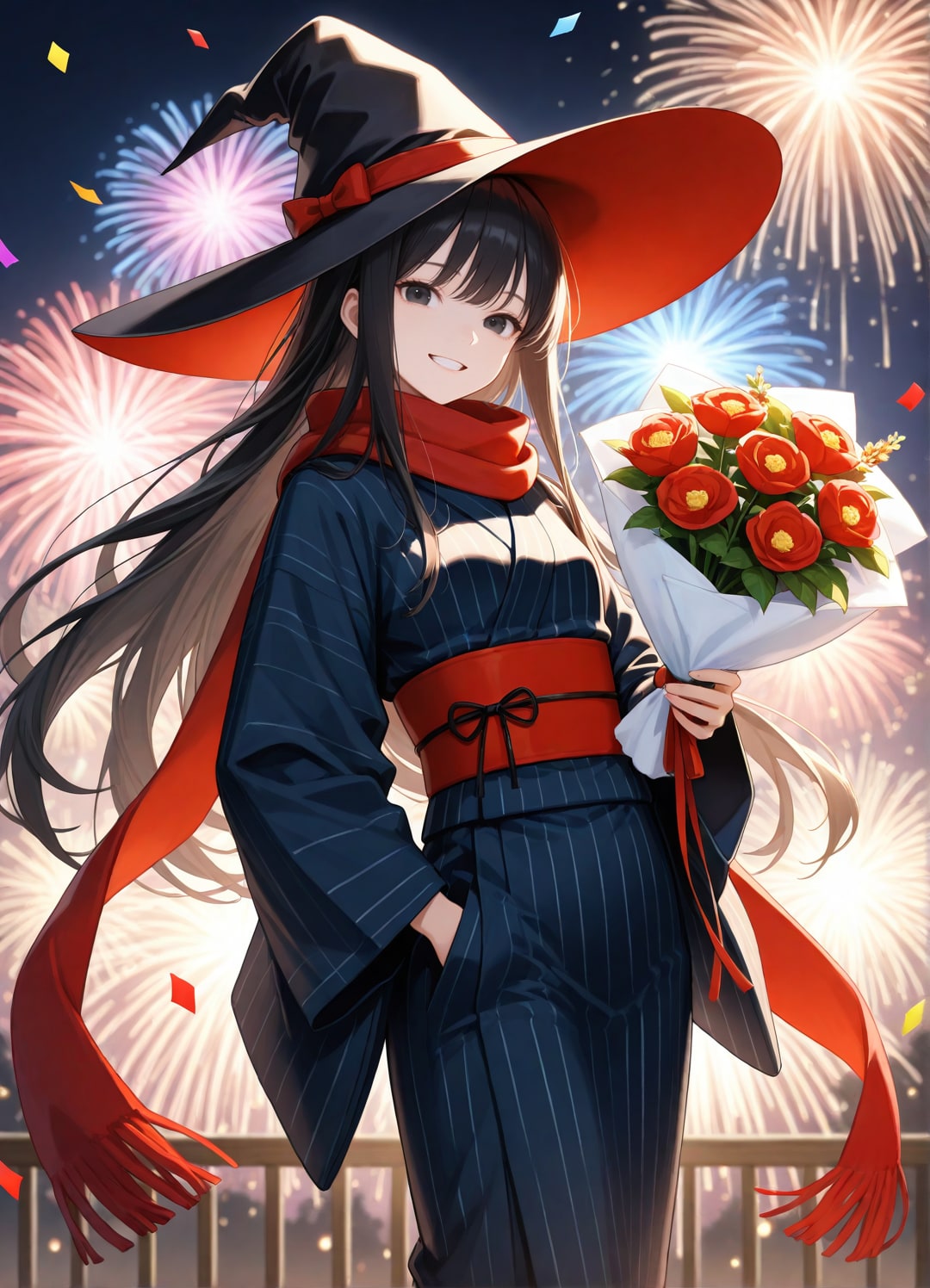 花火大会で花束を持つ魔女さん