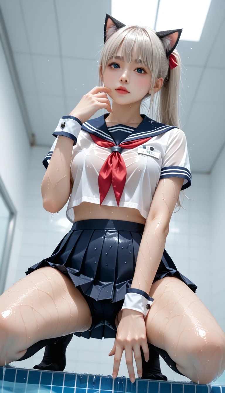 白銀髪・猫耳・黒パン＆濡れセーラー制服の贅沢三昧、マジで「えぐい」の一言。濡れた太腿とローアングルからの超絶パンチラに、全ネット民が感謝祭開催ｗｗｗ