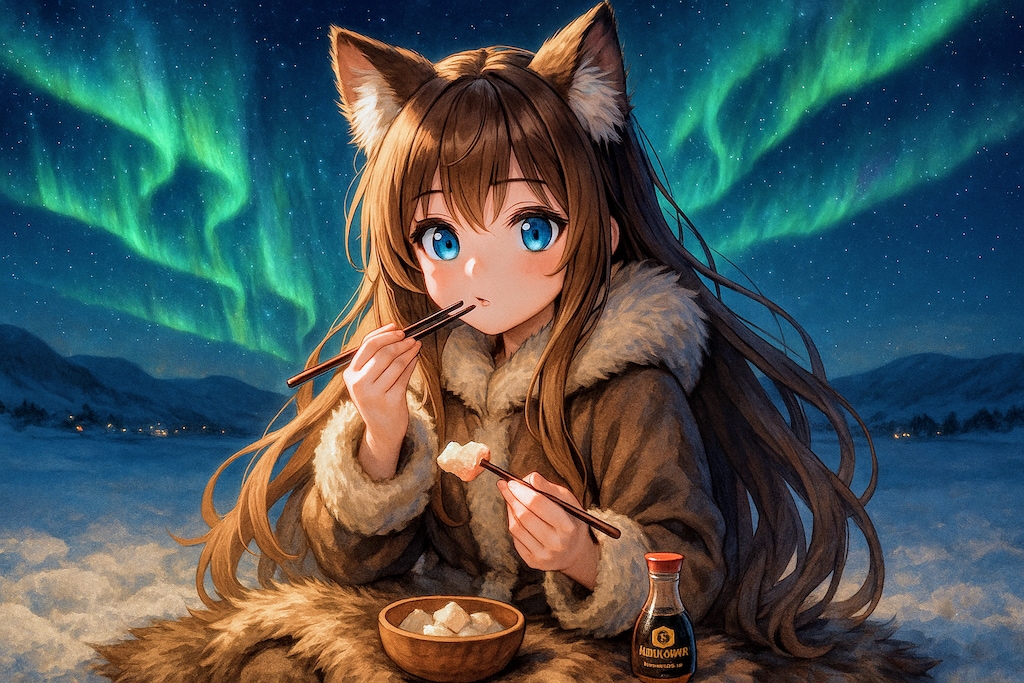 オーロラを見ながらマクタックを食べる小さな女の子