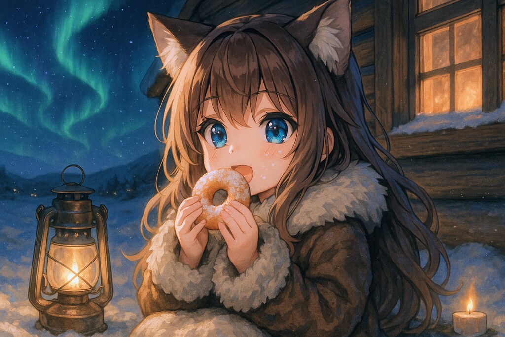 オーロラを見ながらマクタックを食べる小さな女の子