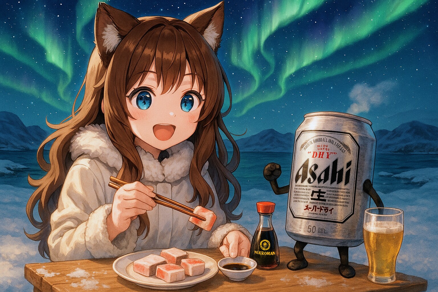 オーロラを見ながらマクタックを食べる小さな女の子 | の人気AIイラスト・グラビア