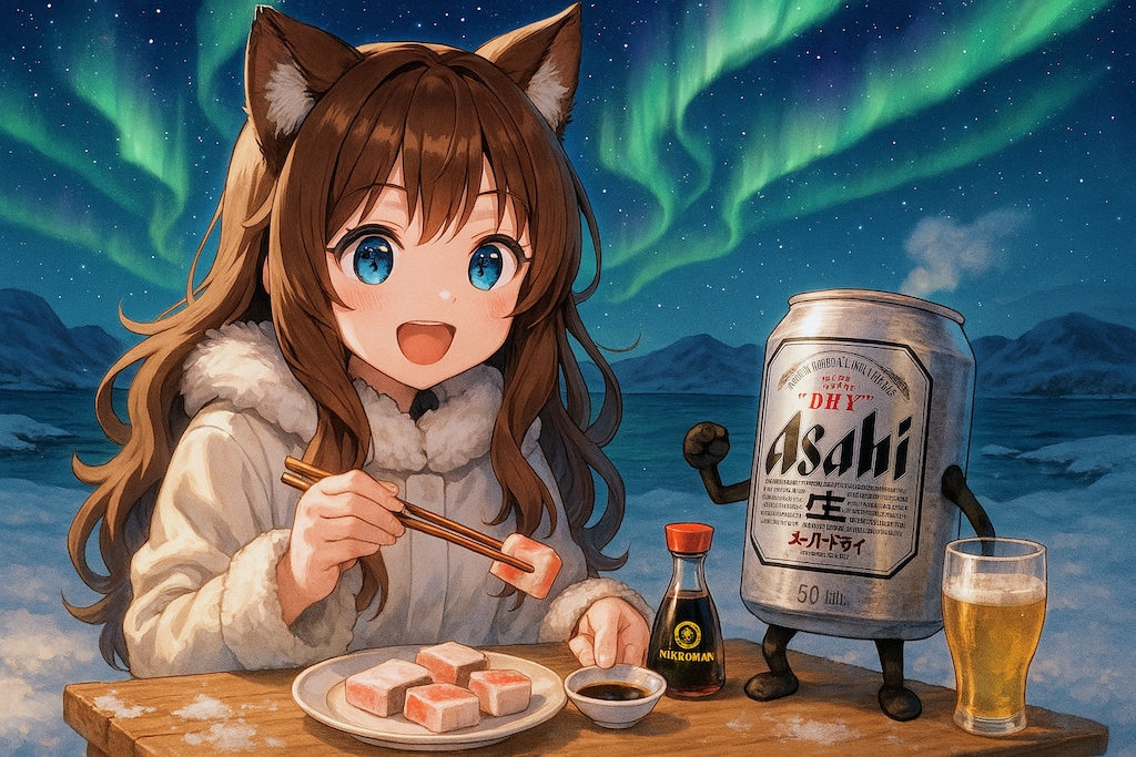 オーロラを見ながらマクタックを食べる小さな女の子