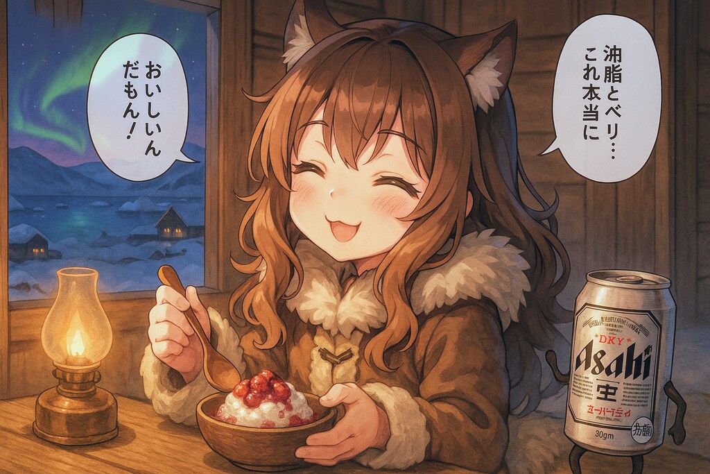 オーロラを見ながらマクタックを食べる小さな女の子