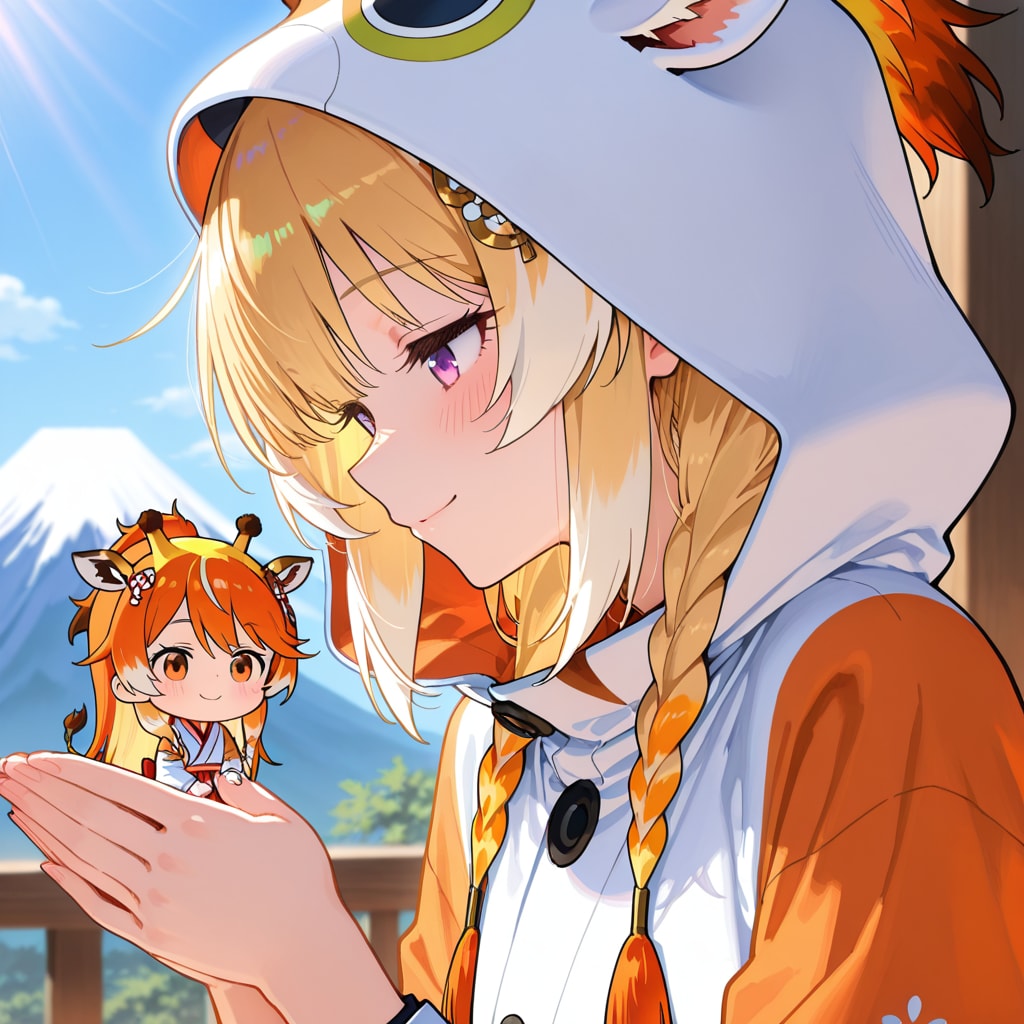 富士山の麓の神社とキリン着ぐるみちび子ちゃん