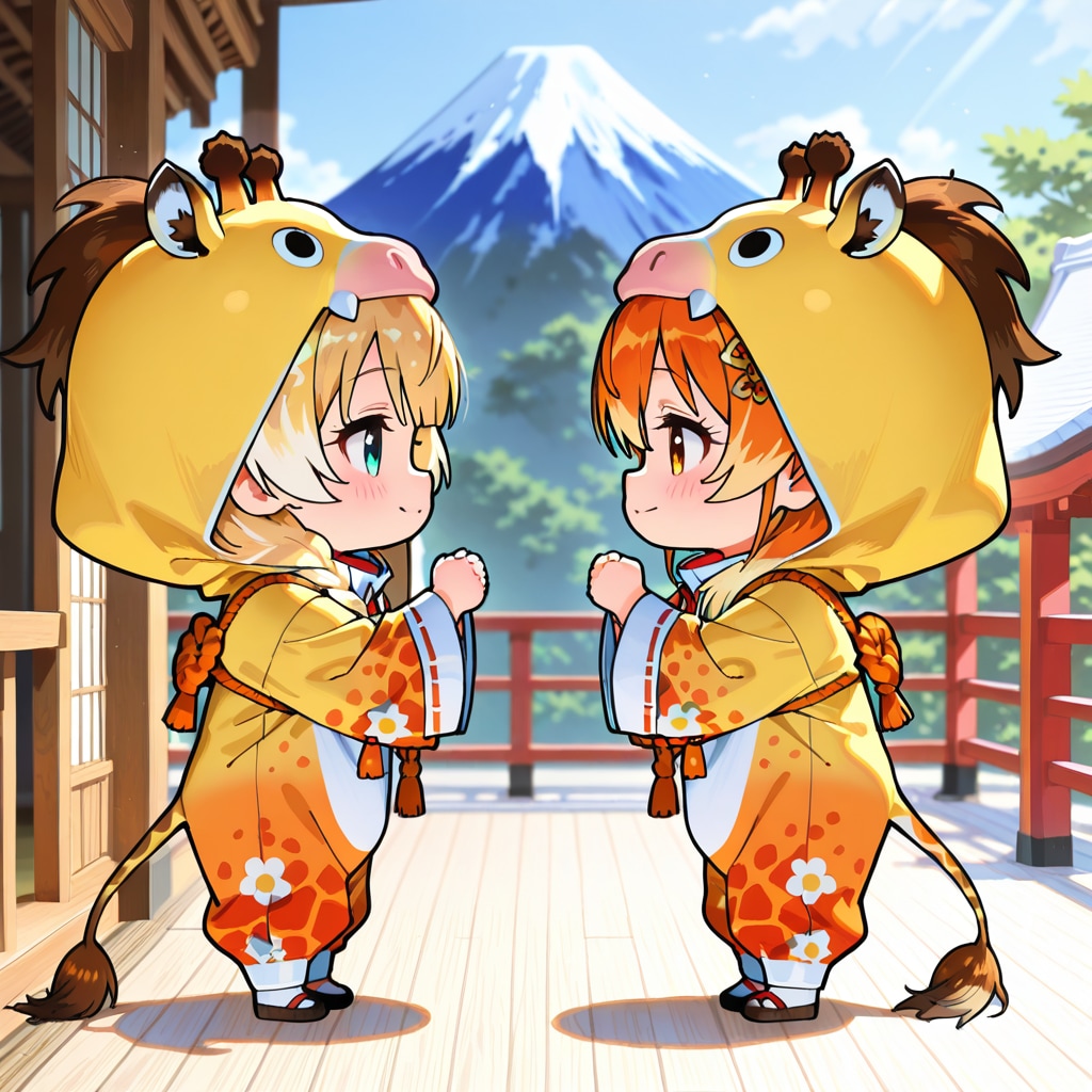 富士山の麓の神社とキリン着ぐるみちび子ちゃん
