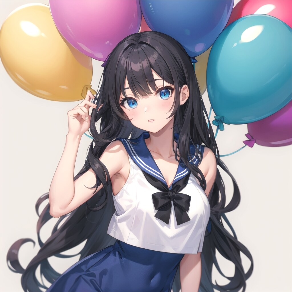 いっぱい色とりどりの風船を持つ黒髪ロングウェーブヘアのセーラー服着た美少女