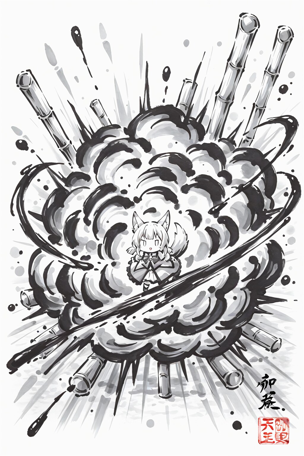 10単語にて水墨画内で爆発する魔法少女ときのこたけのこ