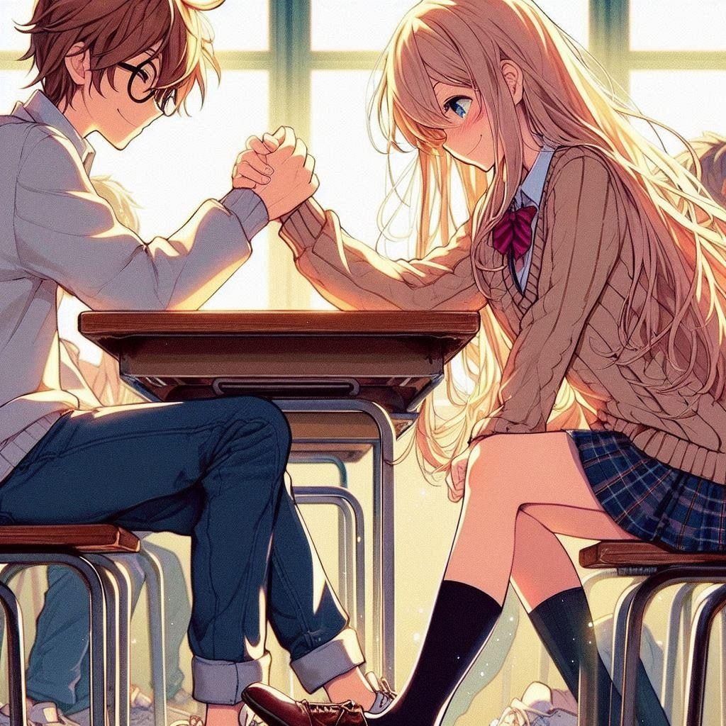 仲睦まじい腕相撲のシーン