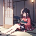 本を読みながらウトウトする女の子と猫。 3枚目
