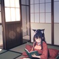 本を読みながらウトウトする女の子と猫。 4枚目