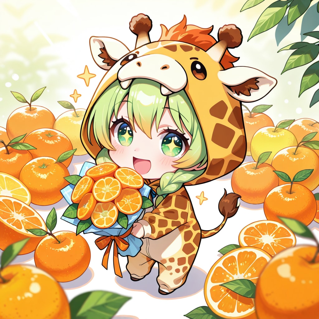 オレンジデーをお祝いするキリン着ぐるみちび子ちゃん | の人気AIイラスト・グラビア