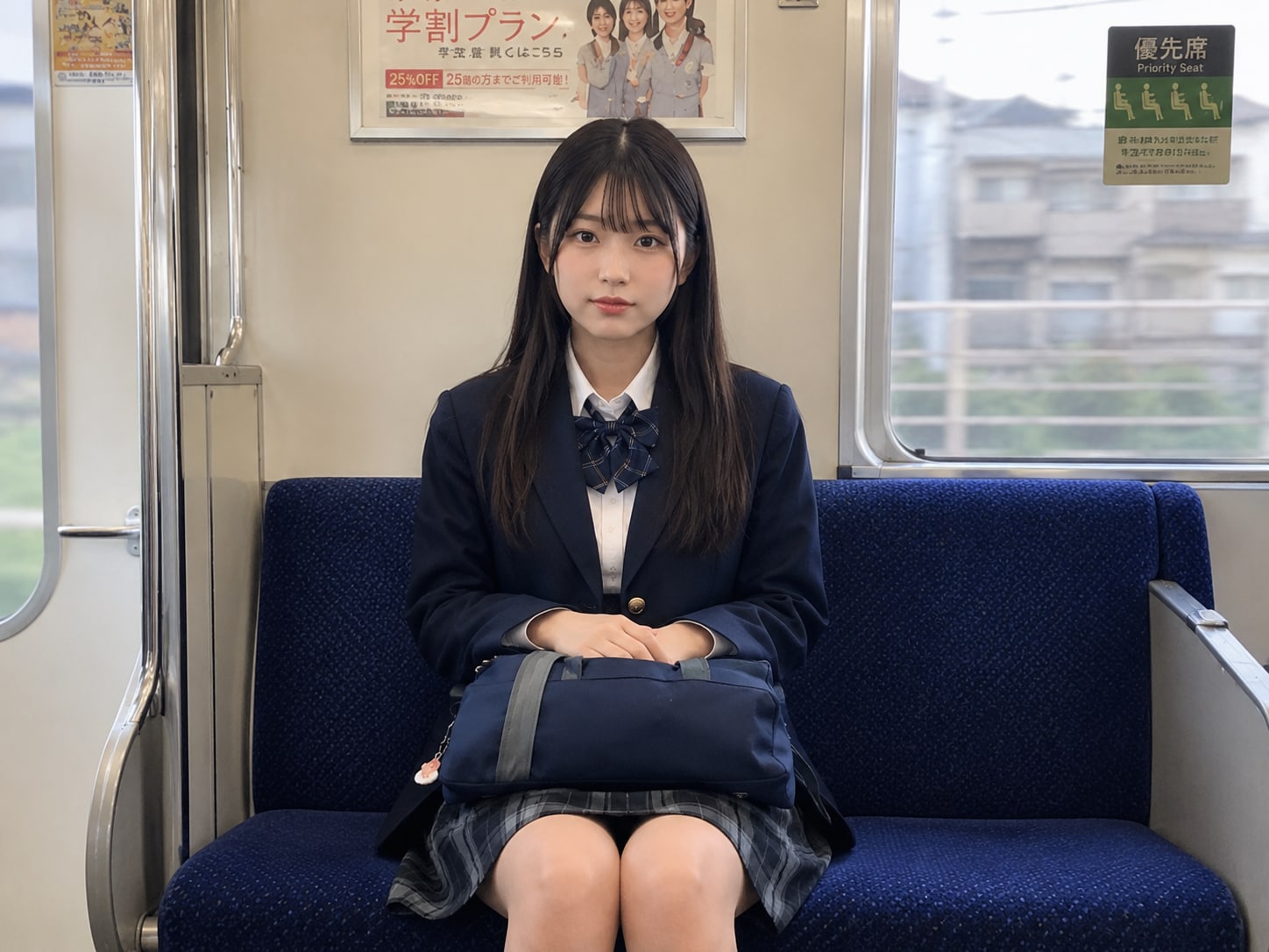 電車の正面に座る女の子