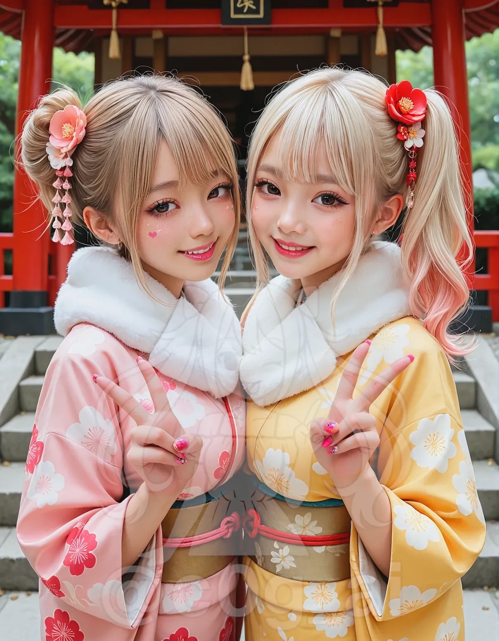 初詣に来ている愛子、眞由香、夏姫と美玲先輩