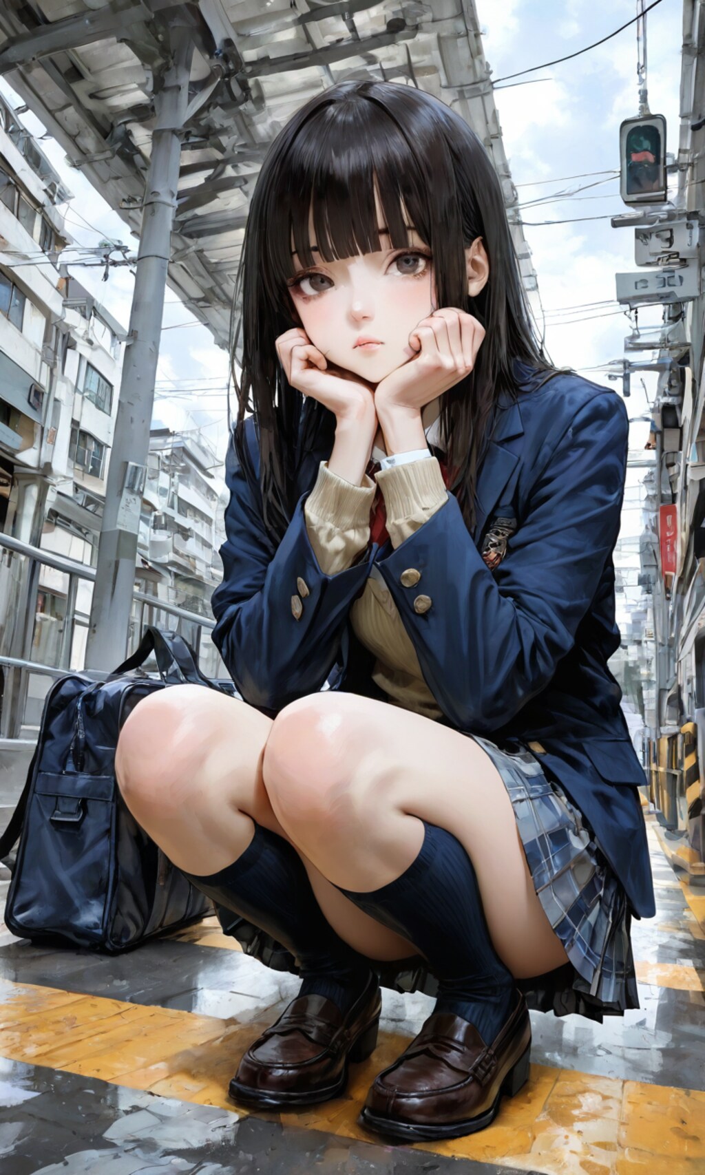 しゃがんでる女子高生