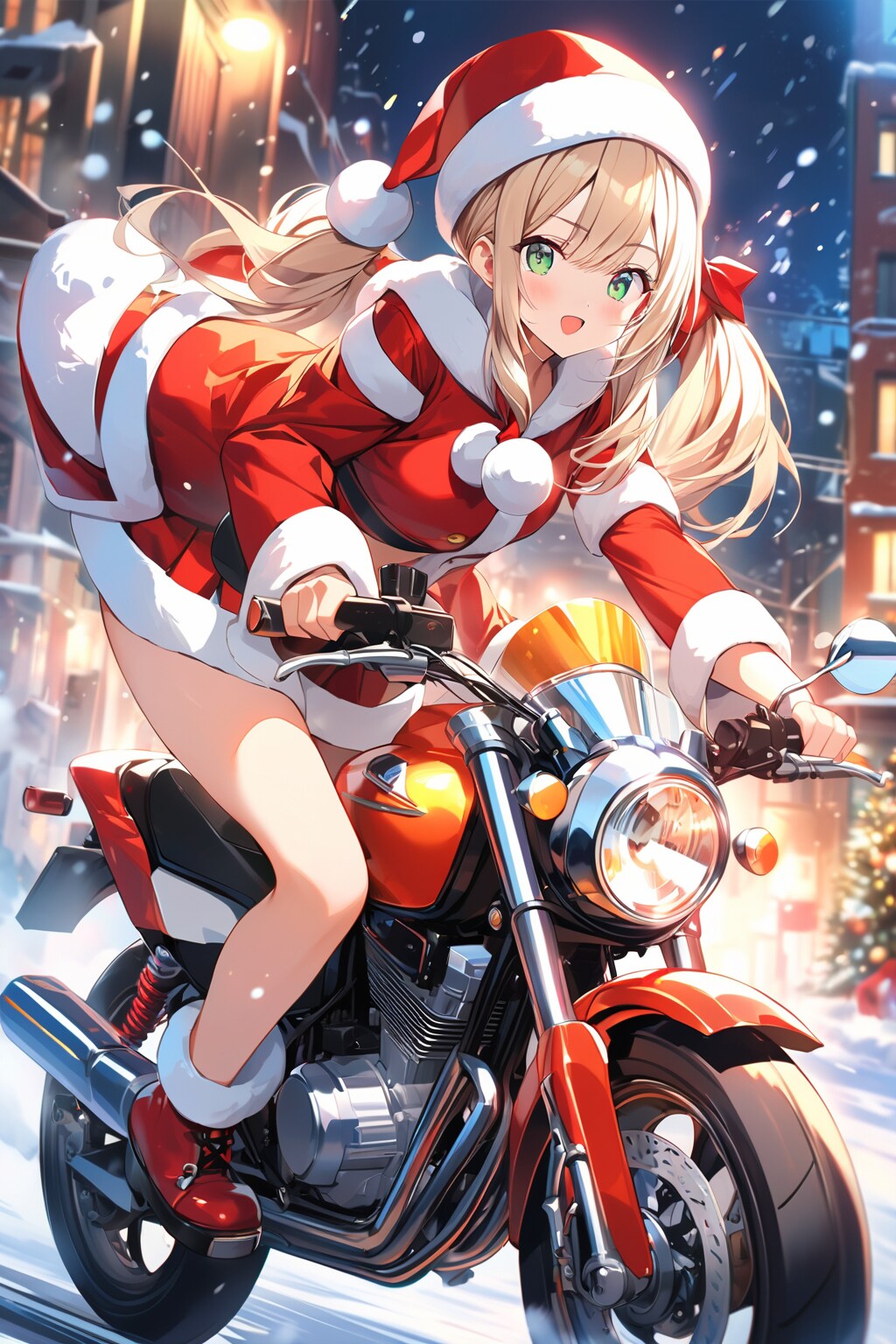 バイクに乗ったサンタ少女 | の人気AIイラスト・グラビア