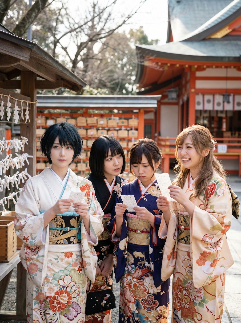 おみくじを引いた水沢四姉妹